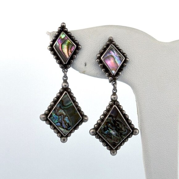 Estate Sterling Silver 925 Abalone Inlay Dangle Earrings Screw Back 8.7g - Picture 1 of 8